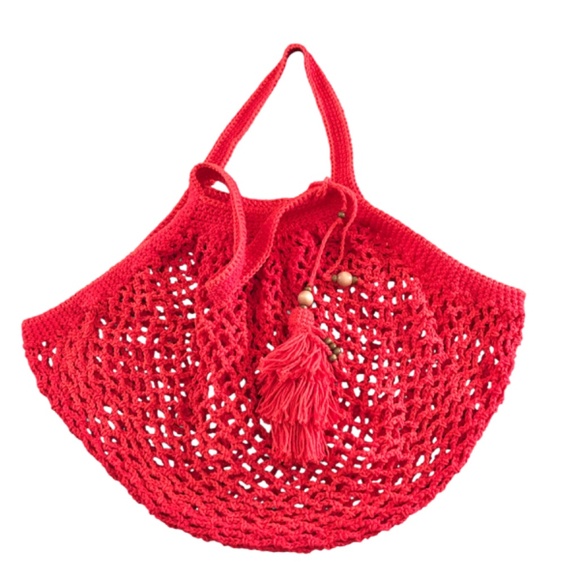French Inspired Crochet Fishnet Market Bag Red Rouge Tote Shoulder Bag w/Tassel - Picture 9 of 16